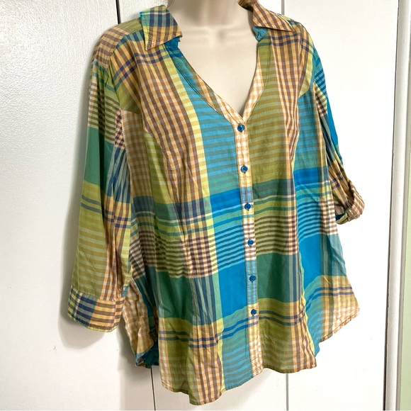 LANE BRYANT Plaid Shirt 100% Cotton Checkered Green Blue Yellow Womens 2X - Picture 2 of 16